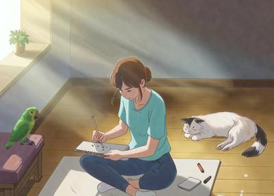 The primary subject of the image is a woman sitting on a bed, holding a pencil and writing in a notebook. The setting is a bedroom, with a cat lying nearby. The visual style is a combination of digital art and illustration, creating a warm and cozy atmosphere. The colors are predominantly shades of blue, green, and brown, reflecting the comfort and relaxation of the scene.